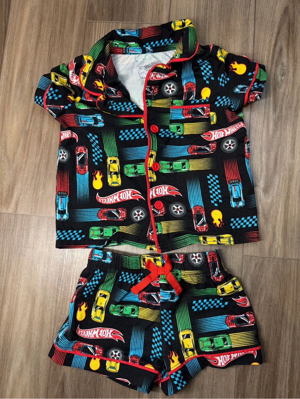 Kids Hot Wheels Black Car Print Pajama Set with Red Trim